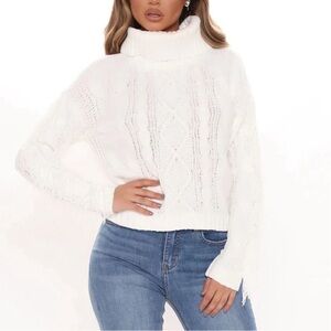 Ivory Chenille Cable Knit Turtleneck Sweater